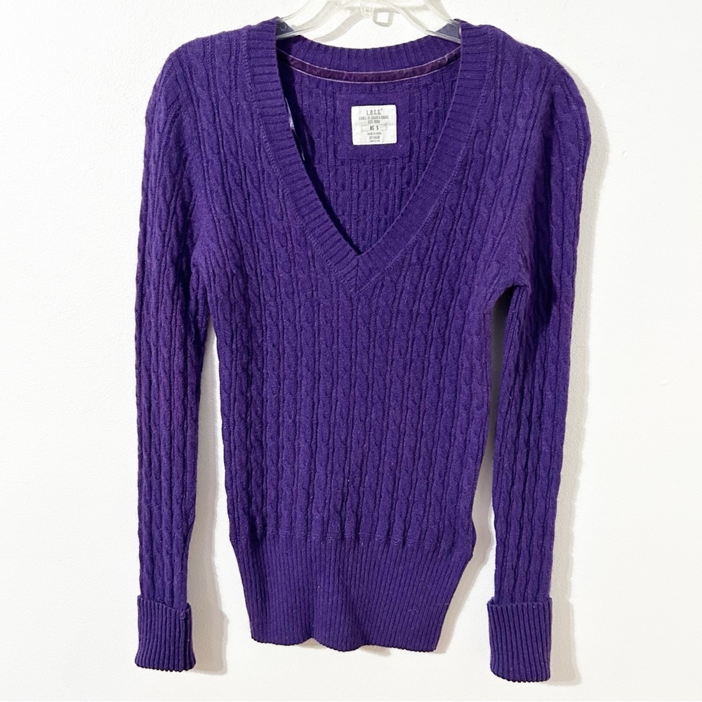LOGG Angora Viscose Wool Blend Fine Cable Knit V-neck Sweater Deep Purple 💜
